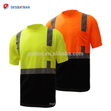 Hi Viz Mens Ffluorescen Orange Yellow 2 Tone Crew Collar T-shirts Work Safety Tee With Reflective Tapes And Chest Pocket EN20471